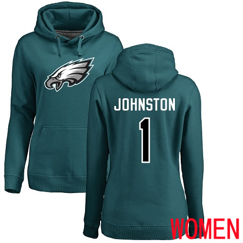 Women Philadelphia Eagles 1 Cameron Johnston Green Name and Number Logo NFL Pullover Hoodie Sweatshirts